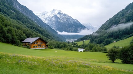 Alpine valley home, snow-capped peak