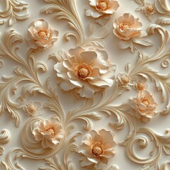 Elegant Floral Relief Design in Cream with Soft Peach Flowers
