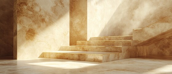 A sunlit interior design featuring a beige stone staircase.