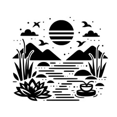 Serene Minimalist Landscape Vector Art: Black White Lake, Mountains, Lotus, Sun, Birds