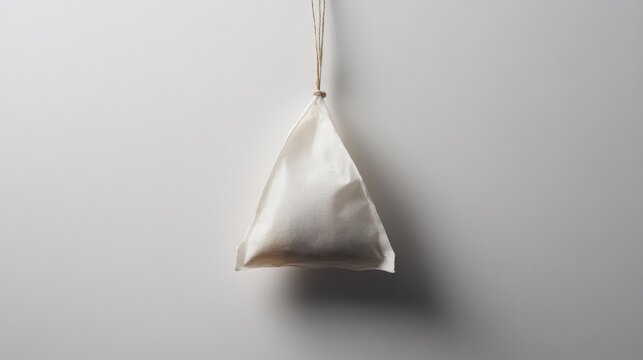 A tea bag slightly tilted, with the string hanging loosely on a white background 