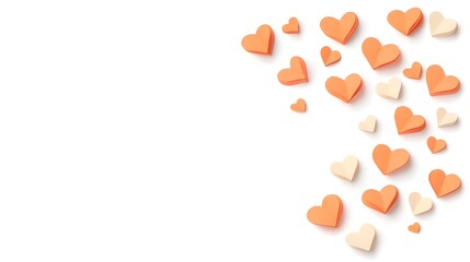 Scattered peach and cream paper hearts on white