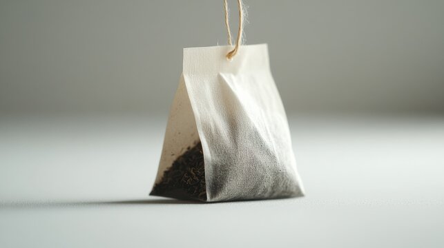 A tea bag slightly tilted, with the string hanging loosely on a white background 