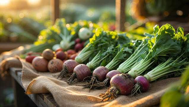 Freshly harvested beets turnips and greens on burlap sack in sunlight - Powered by Adobe