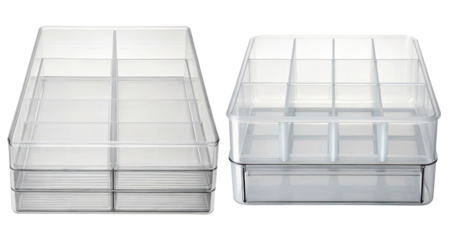 Transparent plastic storage organizer with adjustable compartments on a transparent background