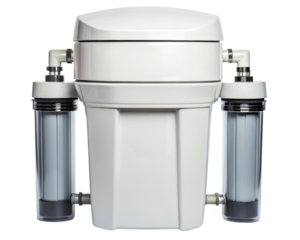 Dual stage water filtration system for home or office purification on a transparent background