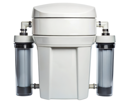 Dual stage water filtration system for home or office purification on a transparent background