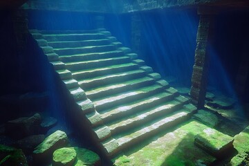 Obraz premium Sunbeams illuminate submerged stone staircase and ancient ruins, covered in algae, within a mysterious underwater structure