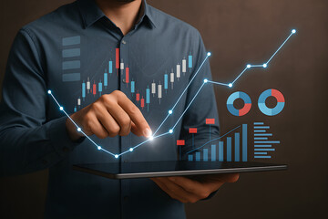 Businessman interacting with digital tablet displaying financial analytics, glowing charts, graphs, and data visualization in futuristic technology style, dark background