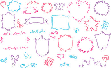 Set of hand drawn curved line label frames in different colors pink, blue and violet shades: heart shape, rectangle frames, hexagon, star shape, shields, ribbon label, flower labels