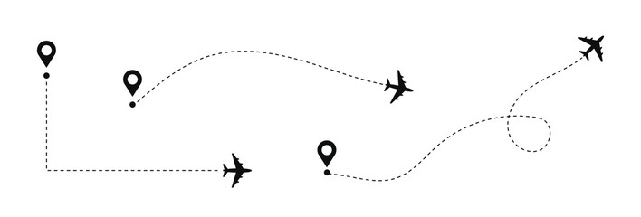 Dotted path with points. Aeroplane path with route set collection