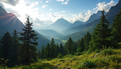 Majestic Mountain Vista: Capture the breathtaking panorama of towering mountain peaks and lush forests under a brilliant sky, invoking a sense of awe and tranquility.