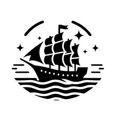 Minimalist Black and White Sailing Ship Icon with Stars and Waves. Nautical Graphic Illustration for Adventure and Journey Themes.