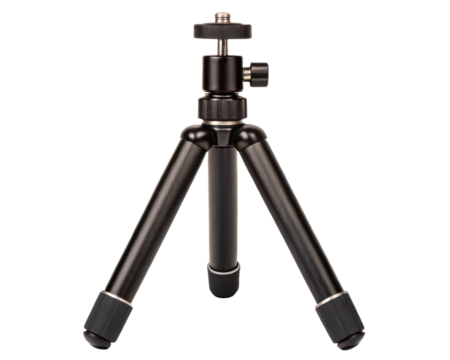 Compact metal tripod for camera or smartphone photography support on a transparent background