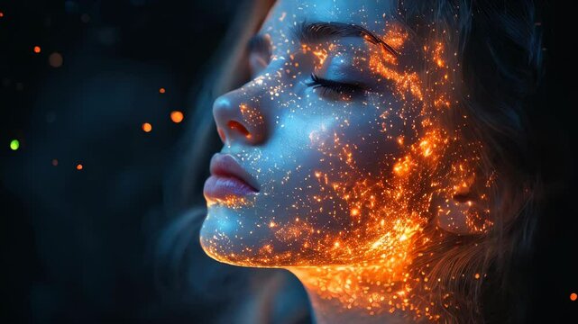 A mesmerizing display of light and color illuminates the face of a woman, creating a stunning contrast against a dark background.