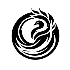 Elegant Black Abstract Phoenix/Swan Logo Symbol. Swirling Bird Design in a Circular Shape, Representing Power and Rebirth.