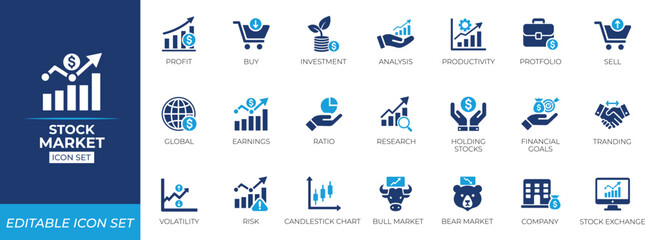 Stock market icon set. Solid icon collection design.