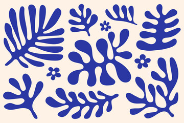Abstract coral shape in the style of blue matisse. Trendy and minimalist organic poster art. Vector illustration