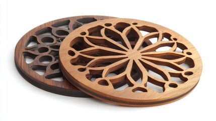Artistic wooden trivets isolated on white background