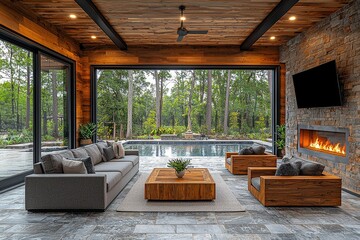 Outdoor living area with stone pavers, wood paneling, couches, rectangular wooden armchair, coffee table, TV, sliding glass door, and a burning fireplace.