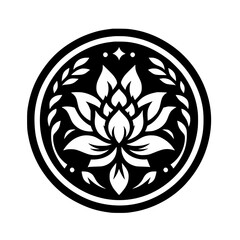 Minimalist Black and White Lotus Flower Emblem Graphic in Circular Frame - Spiritual Symbol Design