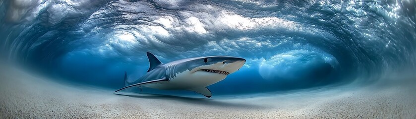 Fototapeta premium Tiger Shark Under a Wave Underwater Scene