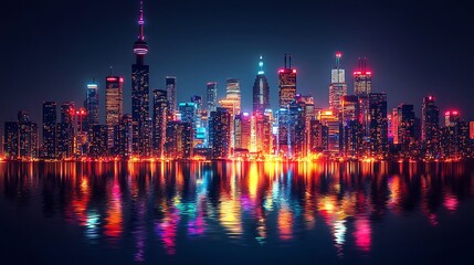 Fototapeta premium Stunning night skyline over water high resolution picture