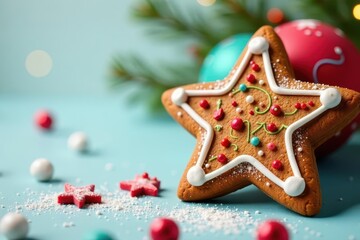 Imperfect star gingerbread, vibrant icing swirls, charming holiday imperfection , festive treat, texture, rustic
