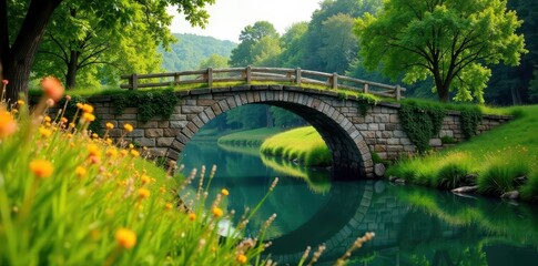 Rustic bridge arching over calm river, tall grass , ecology, bridge, green