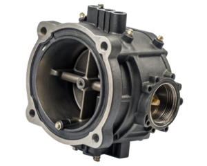 Industrial pump housing with flange and threaded connection port on a transparent background