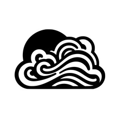 Black and White Stylized Cloud Icon with Sun and Waves Graphic Design