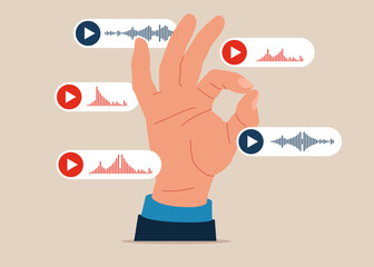 Palm shows the ok. Voice messages and sound waves. Wiretapping. Conversation, meeting, team communication. Flat vector illustration.