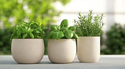 Fototapeta premium Fresh Green Herb Plants in White Ceramic Pots on a Wooden Surface with Bright Natural Light and Green Blurred Background