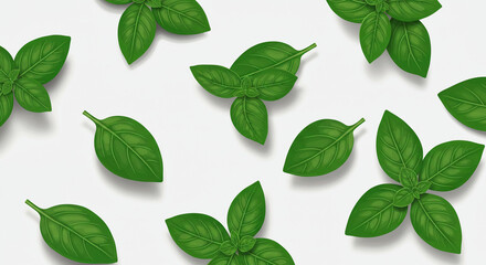 Fresh basil leaves scattered on a clean, white surface, highlighting their vibrant green color and distinct veined texture for a natural aesthetic.