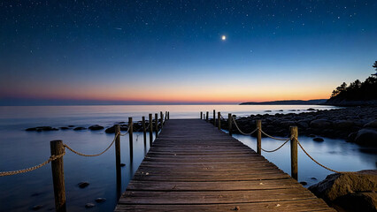 Fototapeta premium Starry pier stretches into tranquil twilight sea