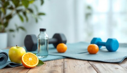 Wellness Corner: A vibrant display of fitness essentials, including dumbbells, fresh fruit, and hydrating water, creates a balanced composition emphasizing a healthy lifestyle.