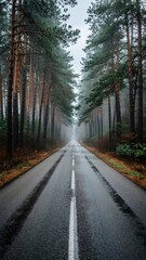 Fototapeta premium Straight Wet Road Through Misty Pine Forest – Atmospheric Travel Background for Mobile Phone Wallpaper Design.
