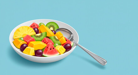 A vibrant fruit salad with pineapple, kiwi, watermelon, mango, and grapes in a white bowl with a silver spoon on a blue background.