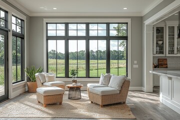 Fototapeta premium Living room with large windows, gray walls, white trim, small bar table and chairs, and a view of ranch land, in a modern farmhouse-style home with bright natural light.