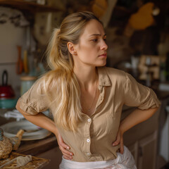 Woman with a tense expression holding her lower back in visible pain, standing in a kitchen&mdash;strongly conveying back strain or kidney discomfort, ideal for health, pain relief, or medical content