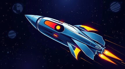 Obraz premium Retro Cartoon Rocket Ship in Colorful 1950s Sci-Fi Style with Fiery Exhaust, Comic Book Aesthetic, Vintage Spacecraft Design, Planets, Stars, Vector Illustration, and Nostalgic Space Adventure, image