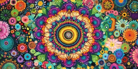Obraz premium A colorful abstract painting of stylized flowers with a central large flower and smaller ones on a dark dotted background.