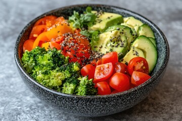 Colorful vegetable bowl with avocado, bell peppers, tomatoes, broccoli, and microgreens Topped with sesame seeds