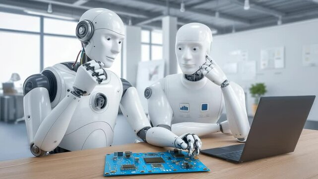 Two humanoid robots with white exterior examine blue circuit board in modern office. One robot with exposed internal wiring, both positioned near laptop. Collaborative technological exploration.