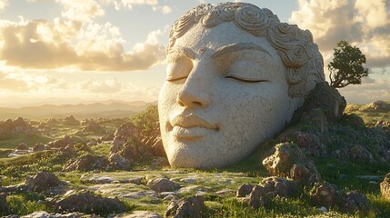 Serene stone head rests in a tranquil landscape