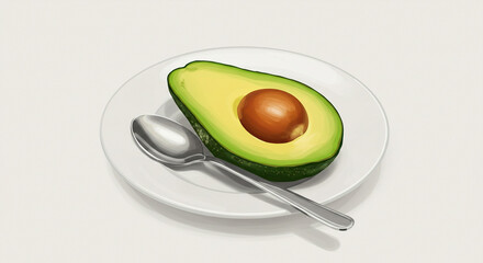 Illustration of a halved avocado with pit on a white plate accompanied by a spoon, set against a simple, light background.
