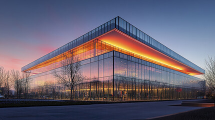 Fototapeta premium Modern glass building with angular rooftop and vibrant neon lights at dusk