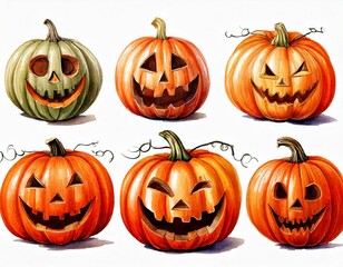 A set of pumpkins for Halloween, hand-painted in watercolor. An illustration for the design .