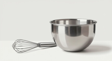Still life featuring a stainless steel mixing bowl and a whisk on a white background, ideal for culinary applications.