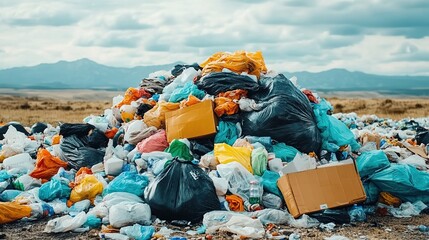A large pile of mixed garbage with plastic bags, cardboard boxes, and bottles in an open field under cloudy skies.